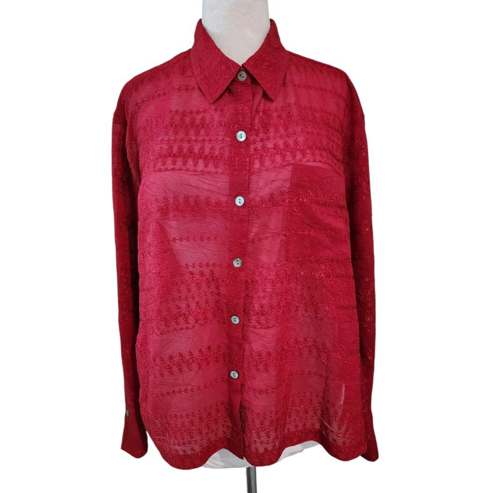 Chico's 3 (XL 16) Red Sheer Textured Embroidered Long Sleeve Blouse Button Up